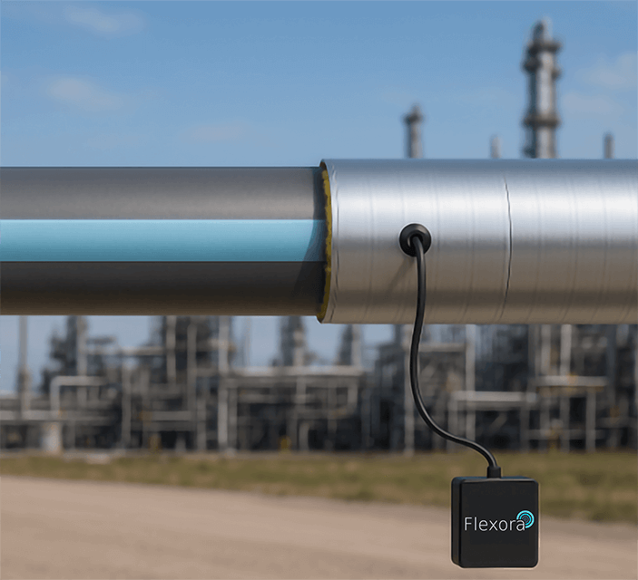 Die Sensorfolien von Flexora lassen sich ohne Eingriffe direkt auf Rohre und Pipelines unter der Isolierung anbringen. Die Sensorlösung unterstützt bei Frühwarnung, Fernüberwachung und vorausschauende Wartung. / Flexora’s sensor films can be applied directly to pipes and pipelines underneath insulation — without any structural modifications. The sensor solution supports early warning, remote monitoring, and predictive maintenance.